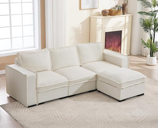 EALSON 93" Modular Sectional Sofa Comfy Cloud Couch with Ottoman Modern Convertible L Shape Couches with Wooden Legs Linen Deep Seat Couch 4-Seater Sofa for Living Room/Apartment, White