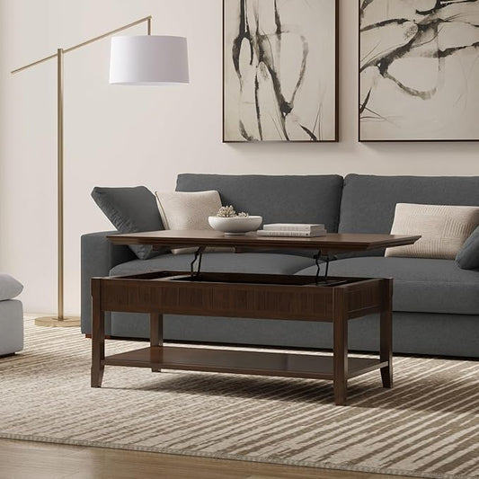 SIMPLIHOME Acadian Lift Top Coffee Table - 48 inch Wide Solid Wood Transitional Pop-up Cocktail Table in Brunette Brown, Classic Living Room Table with Lift-up Storage Compartment and Open Shelf