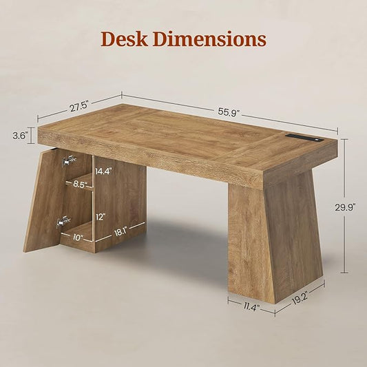 55.9 in Executive Desk with Power Outlets, Modern Home Office Desk with Storage Cabinet, Wood Computer Desk Business Workstation Desk Conference Table, Oak (Storage Cabinet)