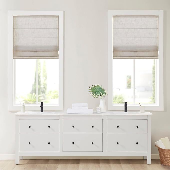 Madison Park Kyler Cordless Roman Shades - Single Panel, Lightweight Linen Blend Fabric, Natural Design, Easy Installation, Light Filtering Window Blind, Bedroom, Living Room Decor 31"W x 64"H Natural
