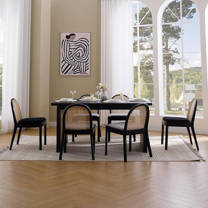 Rattan Dining Chairs Set of 4, Modern Dining Room Chairs with Cane Back Comfy Accent Kitchen Chair Upholstered Linen Fabric Chair for Restaurant/Living Room, Grey