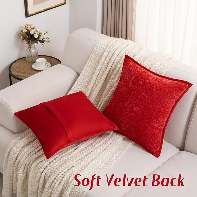 FUTEI Christmas Red Chenille Throw Pillow Covers 22x22 Inch Set of 2,Soft Cozy Bound Edge Design Cushion Case,Home Decor for Couch Bed Living Room