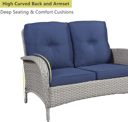 HUMMUH 5-Piece Patio Furniture Wicker Outdoor Conversation Set,All-Weather Rattan Swivel Chairs Bistro Set with Loveseat Coffee Table for Backyard,Poolside,Deck(Grey/Blue)