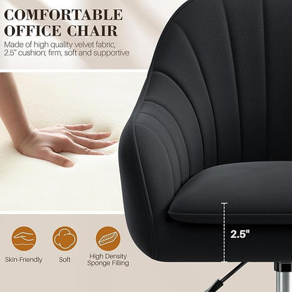 Comfy Home Office Desk Chairs Vanity Chair with Wheels Adjustable Modern Velvet Makeup Vanity Chairs for Bedroom Living Room（Black）