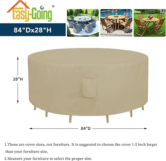 Easy-Going Round Patio Furniture Cover Waterproof Outdoor Dining Table and Chair Cover Anti-UV Outside Sectional Sofa Set Covers (84"DIA x 28"H, Camel)