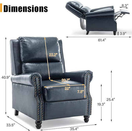 Faux Leather Recliner Chair, Modern Pushback Armchair with Adjustable Backrest & Footrest for Bedroom, Living Room (Dark Blue, Set of 2)