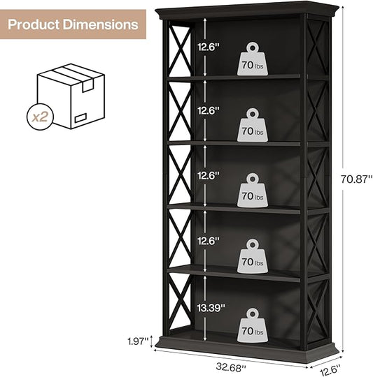 Tribesigns 71-Inch Tall Bookcase, 5-Tier Industrial Metal Bookshelf, Large Etagere Bookcases and Bookshelves, Freestanding Display Shelves for Living Room, Bedroom, Black (Set of 2)