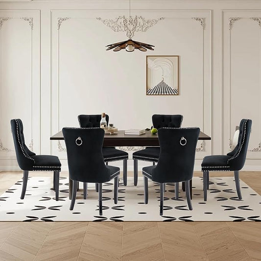 Velvet Upholstered Dining Chairs Set of 6, Modern Style Kitchen Side Chairs with Nailhead Trim and Wood Legs,Metal Pulling Ring for Dining Room Living Room(Black,Set of 6)