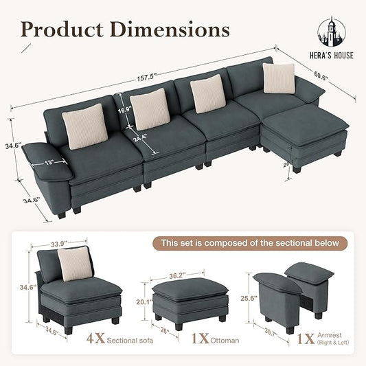 HERA'S HOUSE 158" Modular Sectional Sofa, Oversized L Shaped Couches for Living Room, Comfy Cloud Couch with Ottoman, 5-Seater Deep Seat Sofa with Throw Pillow, Chenille Blue