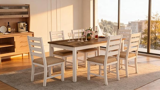Farmhouse Dining Table Set for 6 Person, 59" Kitchen Table Set with 6 Upholstered Chairs, White Rectangular Dinner Room Table & Chairs Set Rustic Wood Stable (6 Chairs)