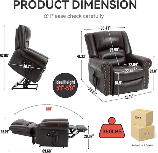 Luxlen Power Lift Recliner Chair for Elderly, Dual Motor Massage Recliner with Lumbar Heat, Heavy Duty Motion Mechanism Lift Chair with Charge Ports, Genuine Leather - Antique Brown