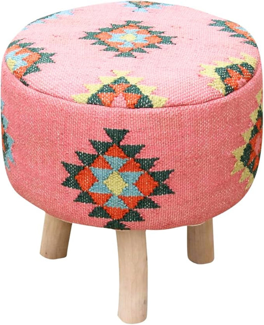 Arabella Pink Kilim Pouf Ottoman – 16" Round Handwoven upholstered Foot Stool with Washable Cover – Accent Knockdown Stool for Bedroom, Living Room, cottagecore, Boho & Farmhouse Decor
