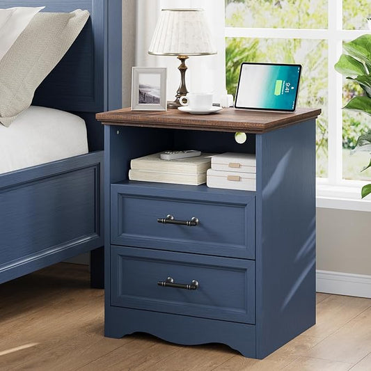 Blue Nightstand with Charging Station, Farmhouse End Table with 2 Drawers, Bedside Table with Space-Saving Storage Cabinet, Unique Base Design for Bedroom, Living Room