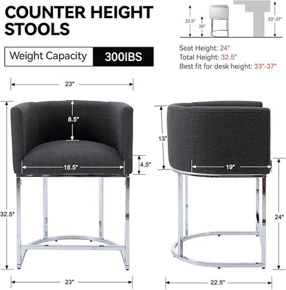 Contemporary Charcoal Linen Bar Stools Set of 3, 24" Upholstered Fabric Counter Height Barstools Kitchen Counter Island Stools with Screwed Together Chrome Finish Base