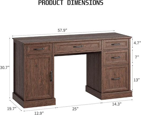 CARPETNAL 58'' Farmhouse Executive Desk with Drawers, Home Office Desk with File Drawer and Storage Cabinet, Rustic Computer Desk for Working, Studying, Writing, Brown