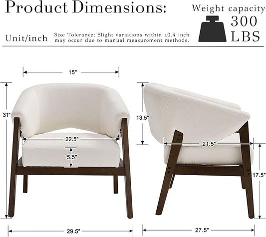 Modern White Accent Chair, Upholstered Armchair Living Room Chair for Bedroom, Comfy Barrel Reading Nook Chairs, Chenille, Wood Legs,1PC