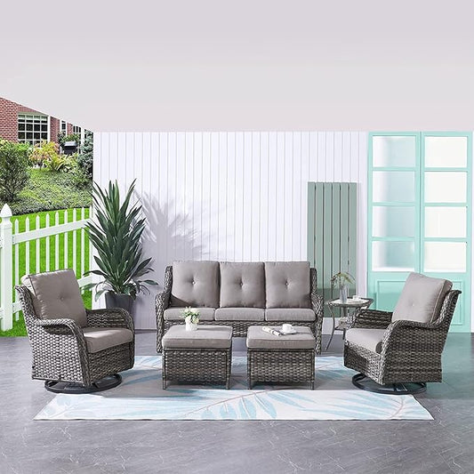 HUMMUH Outdoor Furniture Patio Furniture Set 6 Pieces Wicker Outdoor Sectional Sofa with Swivel Rocking Chairs,Patio Ottomans,Side Table