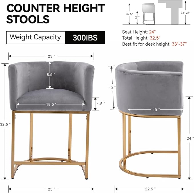 Contemporary Grey Velvet Bar Stools Set of 2, 24" Upholstered Fabric Counter Height Barstools Kitchen Counter Island Stools with Golden Metal Base