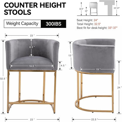 Contemporary Grey Velvet Bar Stools Set of 3, 24" Upholstered Fabric Counter Height Barstools Kitchen Counter Island Stools with Screwed Together Golden Metal Base