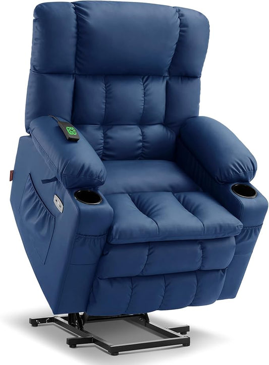 MCombo Dual Motor Power Lift Recliner Chair for Elderly, Lay Flat Lift Chair with Heat and Massage, Cup Holders, USB Ports, Faux Leather 7890 (Blue, Medium)