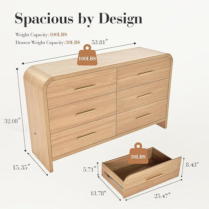 Curved 6-Drawer Dresser for Bedroom, 54" Wide Modern Chest of Drawers, Vanity Desk TV Stand for Living Room, Closet Storage Drawers Organizer Furniture, Nursery, Hallway, Oak
