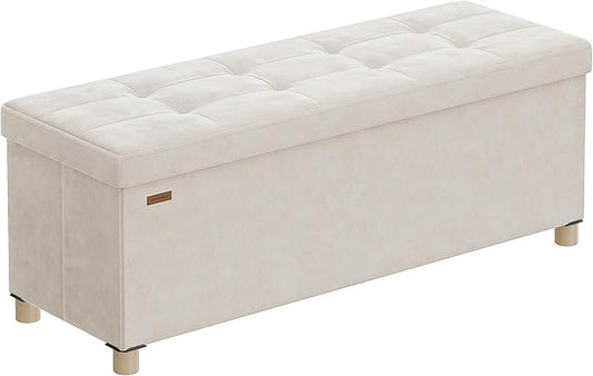 SONGMICS Storage Ottoman Bench, Folding Storage Chest, 15 x 43.3 x 15.7 Inches, Foot Rest Stool, 30 Gal. (112 L), Velvet Surface, for Bedroom, Entryway, Living Room, Cappuccino Beige ULSF0518W02