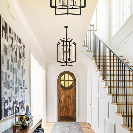 High Ceiling Foyer Chandelier: 8-Light Farmhouse Lantern Chandeliers for Entryway Industrial Large Pendant Light Fixtures for Entry Staircase Hallway Dining Room Kitchen Island, Black & Silver