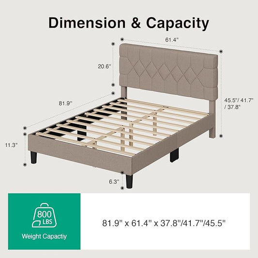 Novilla Queen Bed Frame with Headboard, Bed Frame Queen Size with Wood Slats Support, Linen Upholstered Pull-Point Headboard, No Box Spring Needed, Heavy Duty Feet, Easy Assembly, Beige