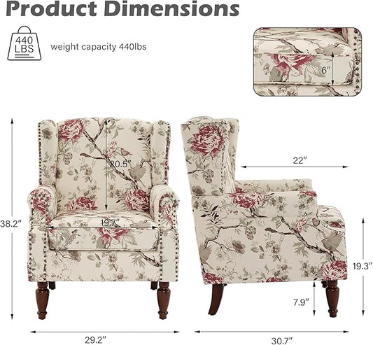 UIXE Floral Accent Chairs Set of 2, High Back Upholstered Armchair Wingback Arm Chair in Fabric for Living Room, Nailhead Trim Single Sofa Bedroom Side Reading Seat with Retro Solid Wood Legs - Beige