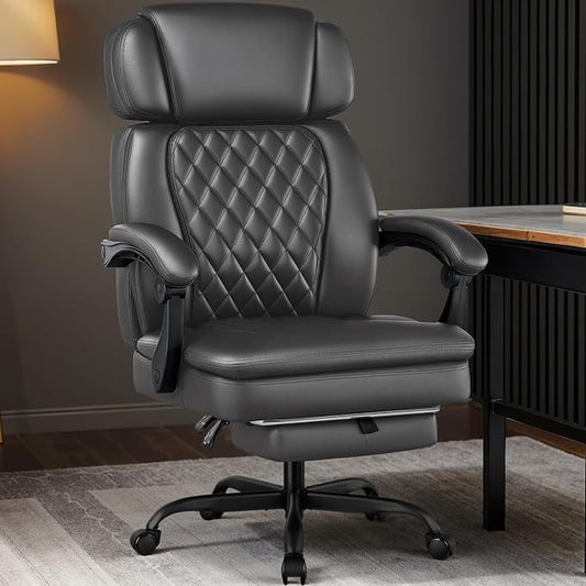 400lbs Office Chair with Foot Rest, Ergonomic Big and Tall Office Chair with Adjustable Headrest, High Back PU Leather Computer Chair,Comfy Heavy Duty Office Desk Chair (Classic Grey)