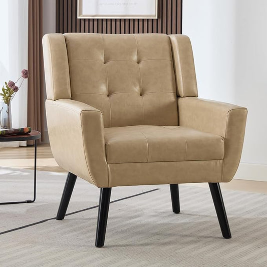 Dolonm Midcentury Modern Leather Accent Chair with Arms, Upholstered Reading Side Chair Tufted Back Decorative Wingback Chair for Living Room Bedroom (Khaki-PU)