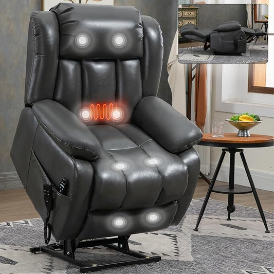 Luxlen Electric Power Lift Recliner Chair with Vibration Massage and Heat, Faux Leather Reclining Chairs for Elderly with Remote Controls, Side Pockets, Big and Tall Recliner, Gray