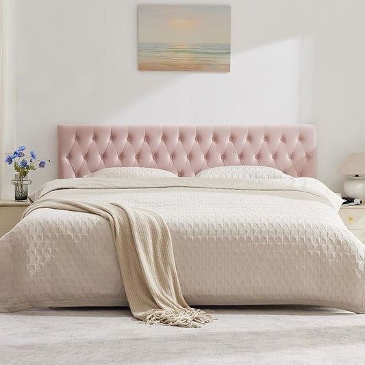 Kingfun Tufted Upholstered King Size Bed Headboard in Modern Button Design, Adjustable Solid Wood Head Board, Premium Velvet Fabric Padded Headboards in Bedroom (Pink)