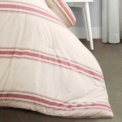 Lush Decor Farmhouse Stripe Reversible Cotton Comforter Set, 3 Piece Set, King, Red - Cozy F𝚊rmhouse Bedding Set - Rustic Decor - Striped Comforter - Modern Farmho𝚞se Bedroom Decor