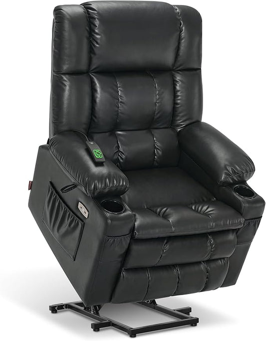MCombo Dual Motor Large Power Lift Recliner Chair for Elderly, Lay Flat Lift Chair with Heat and Massage, Big Lift Recliner for Tall People, Faux Leather 7896 (Black, Large)