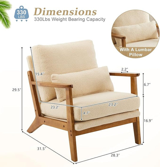 VINGLI Solid Wood Wide Armrests Accent Chair,Upholstered Mid Century Modern Chair with Pillow,Comfy Reading Chair Farmhouse Arm Chair,Chairs Living Room,Bedroom,Guest Room,Teddy Fleece,Khaki
