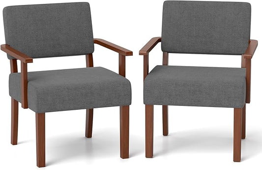 KOMFOTT Upholstered Accent Chairs Set of 2, Mid-Century Modern Armchair with Rubber Wood Frame, Linen Living Room Chairs with Padded Seat & Backrest, Reading Chair for Bedroom, Waiting Room, Grey