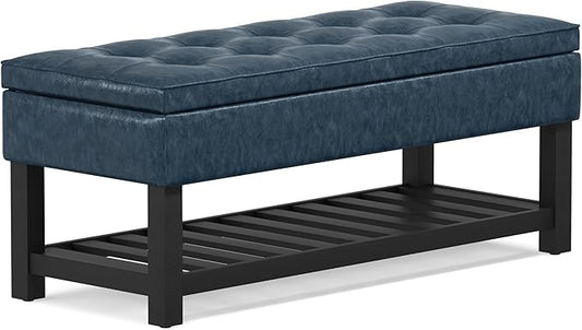 SIMPLIHOME Cosmopolitan 44 inch Wide Transitional Rectangle Storage Ottoman Bench with Open Bottom in Denim Blue Vegan Faux Leather, Assembled for the Living Room and Bedroom