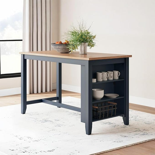 Signature Design by Ashley Gesthaven Modern Counter Height Dining Table with 3 Shelves and Trestle Base, Light Brown & Blue