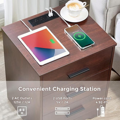 LIDYUK Dark Cherry Dresser for Bedroom, 3 Drawer Dressers & Chest of Drawers, Modern Wood Dresser with Charging Station, End Table Nightstand Bedside Table for Bedroom, Living Room