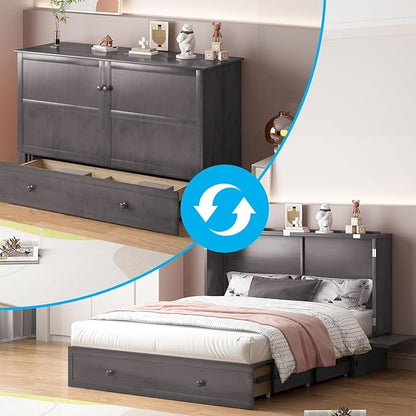 Mjkone Queen Murphy Bed Cabinet, Cabinet Bed with Built-in Charging Station, Storage Drawer, Solid Wood Cabinets Bed with Tri-fold Mattress, Cube Murphy Chest Beds for Guest Room, Home, Office, Grey