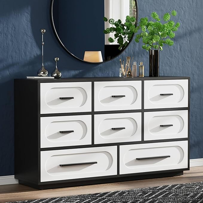 Modern 8 Drawer Dresser for Bedroom, 54" Wide Dressers & Chest of Drawers w/Solid Wood Handle, Wood Mid Century Closet Organizers and Storage Cabinet for Bedroom, Living Room, Hallway