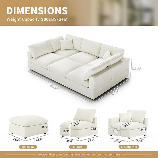 Linen Sleeper Sofa Bed,Modern Sectional Sofa Couch for Living Room,95.4 Inch Cloud Couches Cushion Covers Removable,Cozy Feather Down Sofa for Apartment Cream White