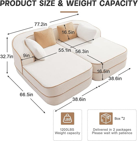 Cloud Sectional Sofa Modern Boneless Couch for Living Room, Comfy Deep Seat Comfy Teddy Fabric Double Sofa Chaise No Assembly Required (White, 77.2" Double Chaise Lounge)