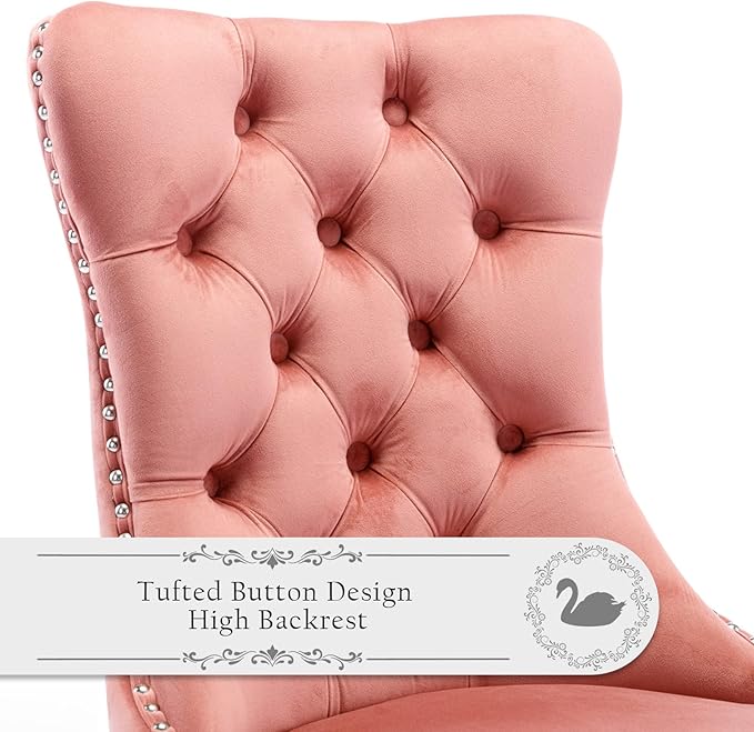 Velvet Upholstered Dining Chairs Set of 2, Modern Style Kitchen Side Chairs with Nailhead Trim and Wood Legs,Metal Pulling Ring for Dining Room Living Room(Pink,Set of 2)