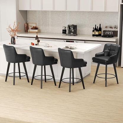 360°Swivel Counter Height Bar Stools with Back, 26 inch Solid Wood Legs, Bar Stool Modern Kitchen Island Chairs, Faux Leather (Black- Faux Leather, 26" H- Set of 1)