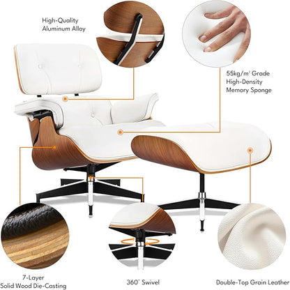 Top Grain Leather, Mid Century Chaise Lounge Chair and Ottoman, Modern Chair Classic Design, Heavy Duty Base Support for Living Room Study Lounge Office, Walnut-White, Heightening