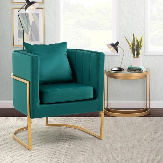 Velvet Modern Accent Chair, Upholstered Barrel Armchair Mid Century with Pillow for Living Room, Comfy Single Vnaity Chair with Metal Gold Legs for Bedroom, Green