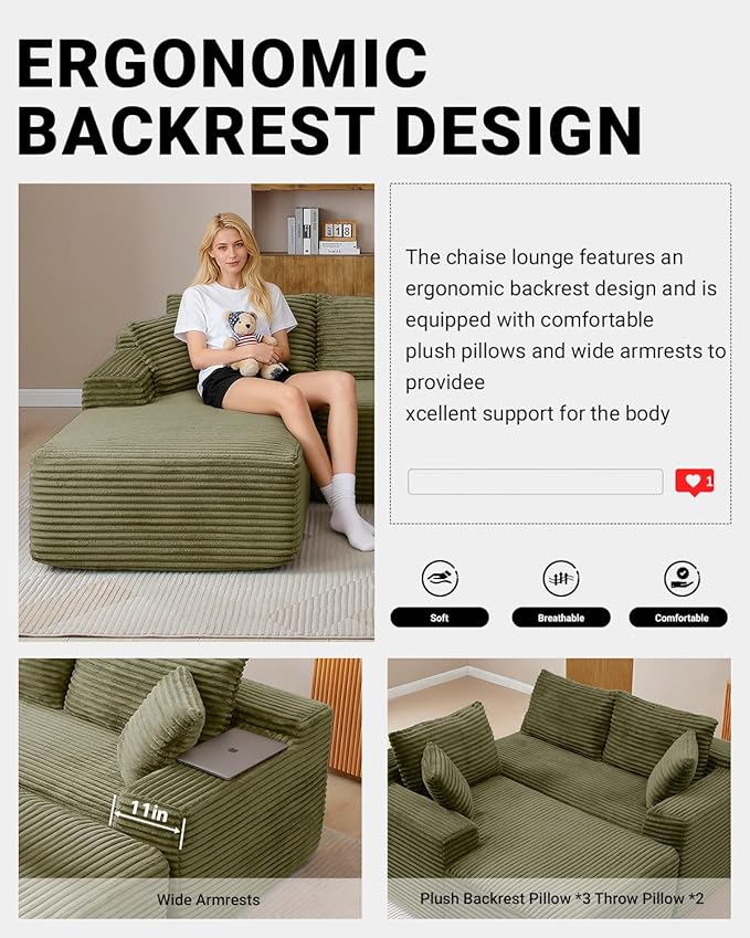 108 Inch Cloud Sectional Couch,Modern Modular Sectional Sofa with Deep Seat,Corduroy Boneless Couches with L-Shape Chaise for Living Room,No Assembly Required (Green, Left Facing Chaise + Ottoman)