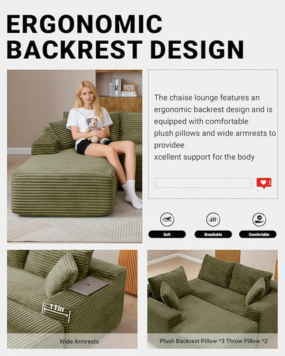 108 Inch Cloud Sectional Couch,Modern Modular Sectional Sofa with Deep Seat,Corduroy Boneless Couches with L-Shape Chaise for Living Room,No Assembly Required (Green, Right Facing Chaise + Ottoman)